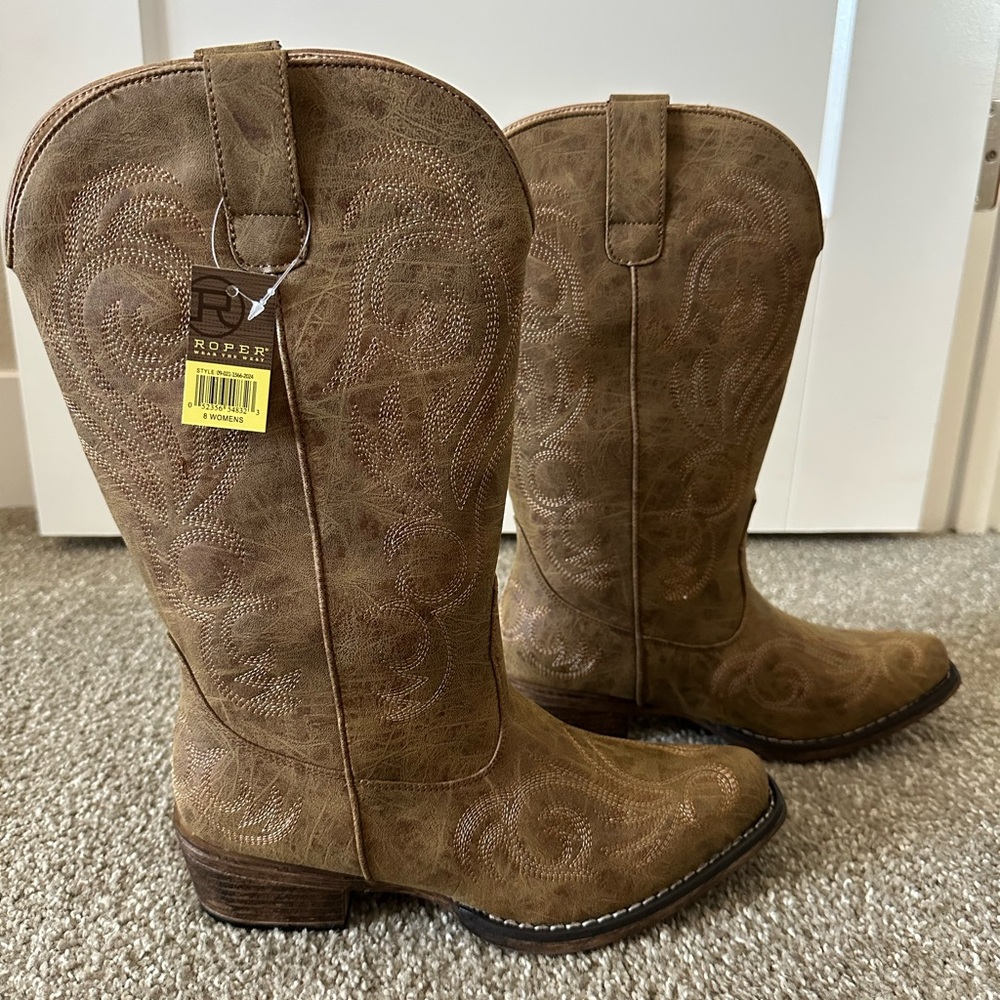 NEW Roper Riley Women's Tan Embroidered Snip Toe Western Boots Size 8 - Picture 5 of 15